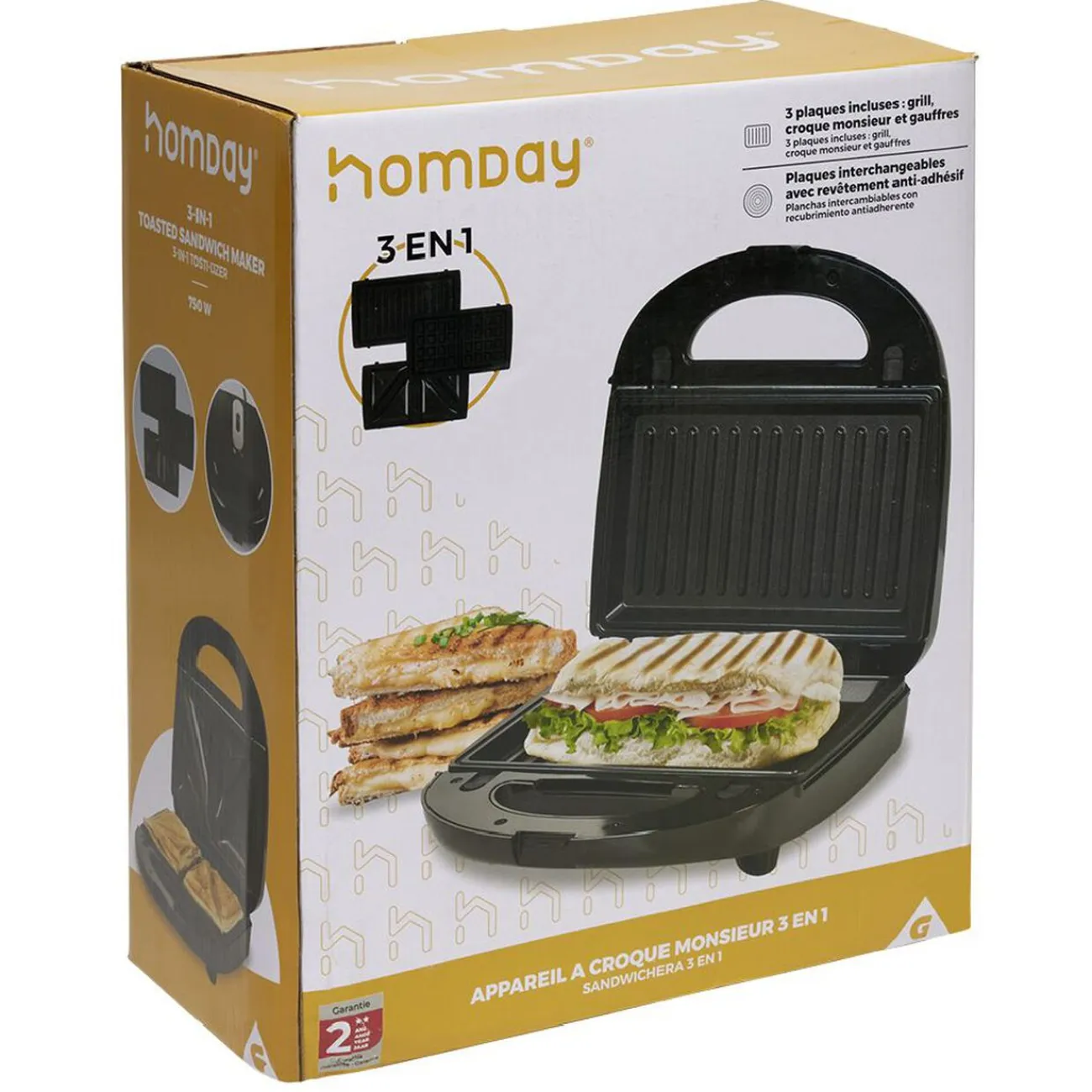 Hot Gifi Appareil à croque monsieur 3en1 gaufre et grill 750W