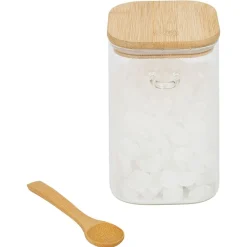 Hot Gifi Bocal en verre transparent 1L avec couvercle et cuillère en bambou