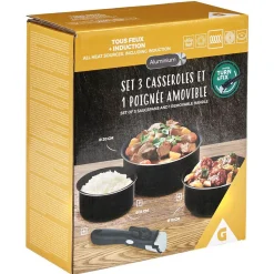 Outlet Gifi Casserole aluminium noir x3 avec poignée amovible x1
