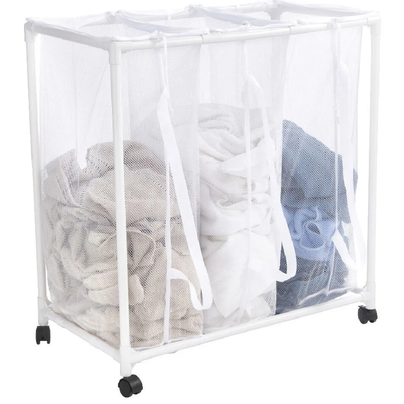 Gifi Entretien Du Linge|Chariot buanderie sur roulettes 3 filets blancs