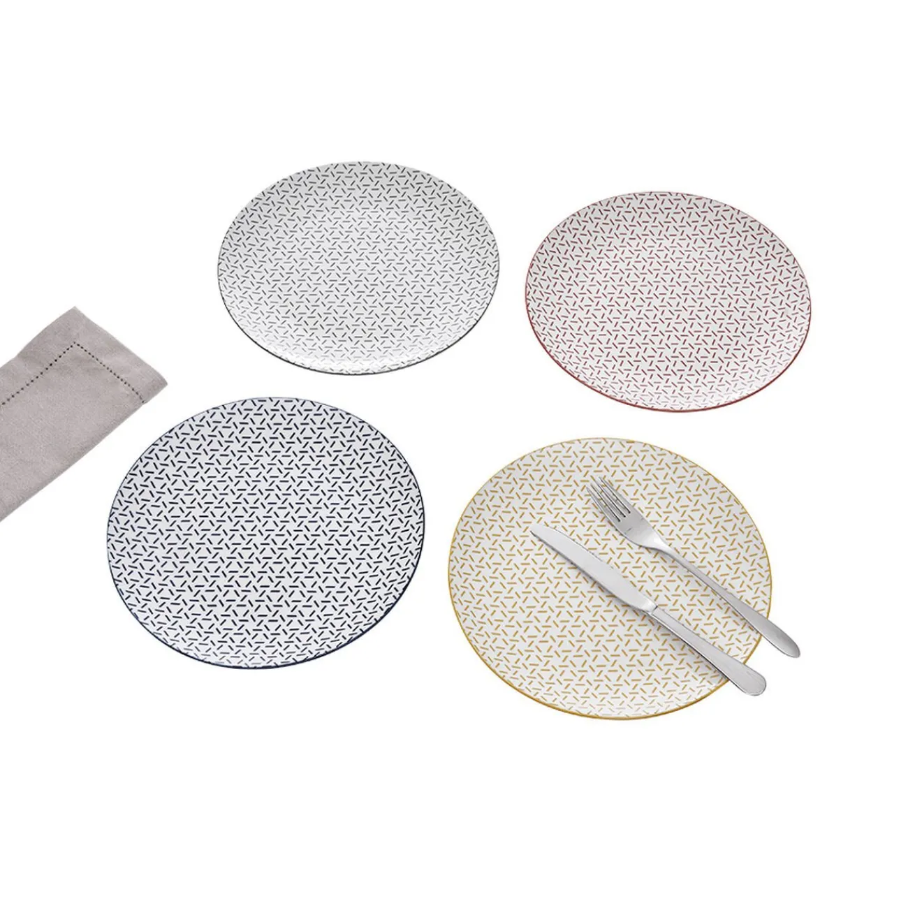 Sale Gifi Lot de 4 assiettes plates porcelaine motif trait triangle multicolore Ø24cm