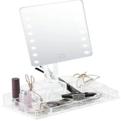 Gifi Aménagement Salle De Bain^Miroir LED avec rangement cosmétique 9 compartiments