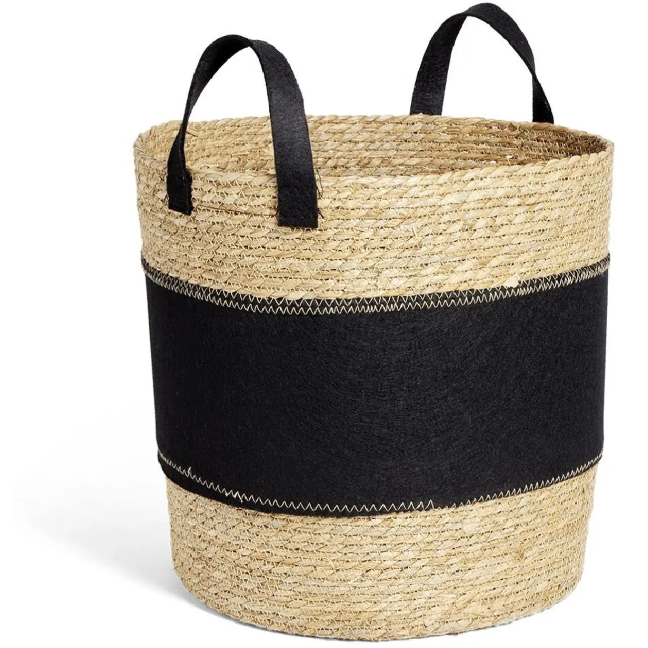 Gifi Entretien Du Linge|Panière à linge ronde 52L Ø37xH38cm jonc de mer et feutrine noir