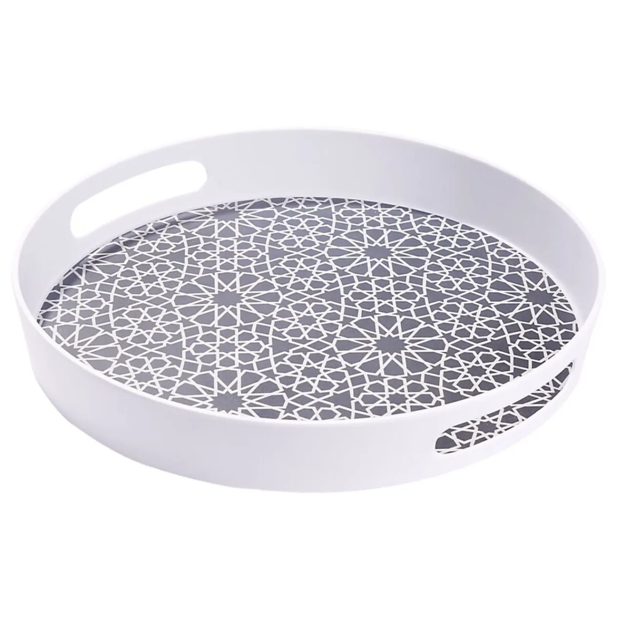 Sale Gifi Plateau rond mélaminé motif géométrique blanc et bleu Ø34,5xH5cm