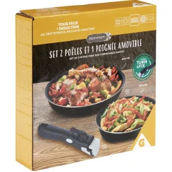 New Gifi Poêle aluminium x2 avec poignée amovible x1 Ø20 et 24cm