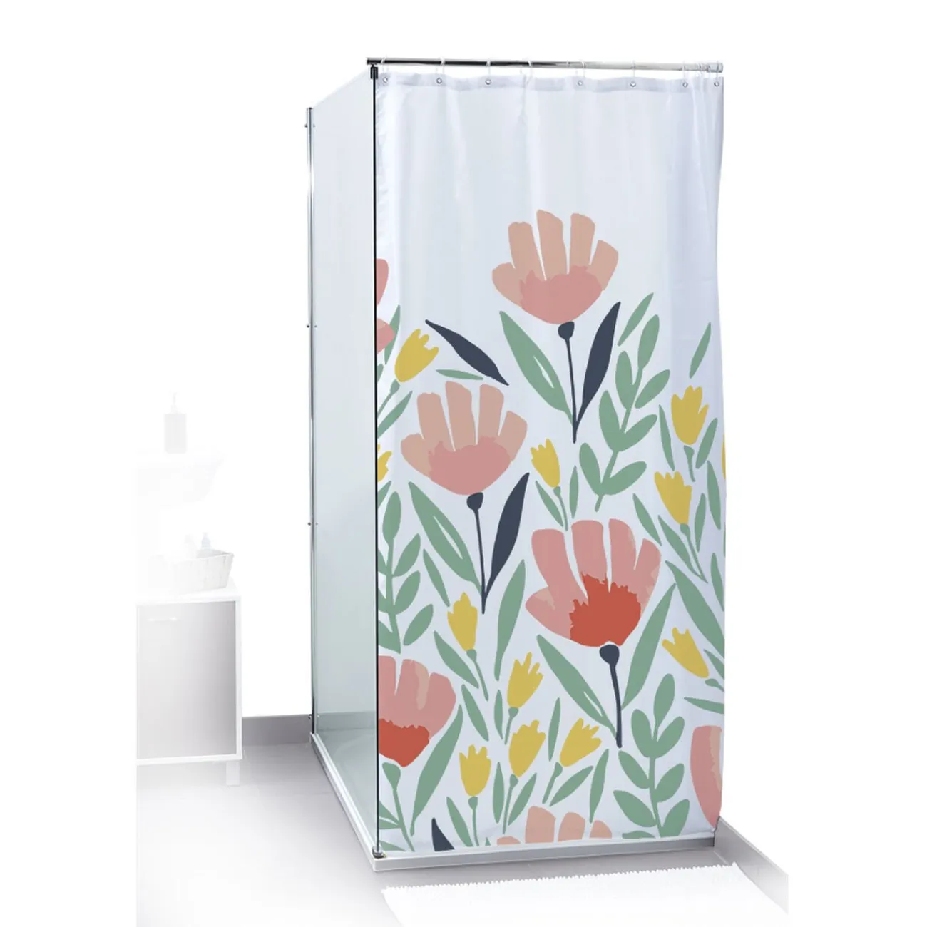 Gifi Equipement Douche^Rideau de douche motif floral et feuillage bleu vert rouge 180x200cm