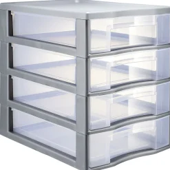 Gifi Rangement|Tour de rangement 4 tiroirs format A4 transparent et gris